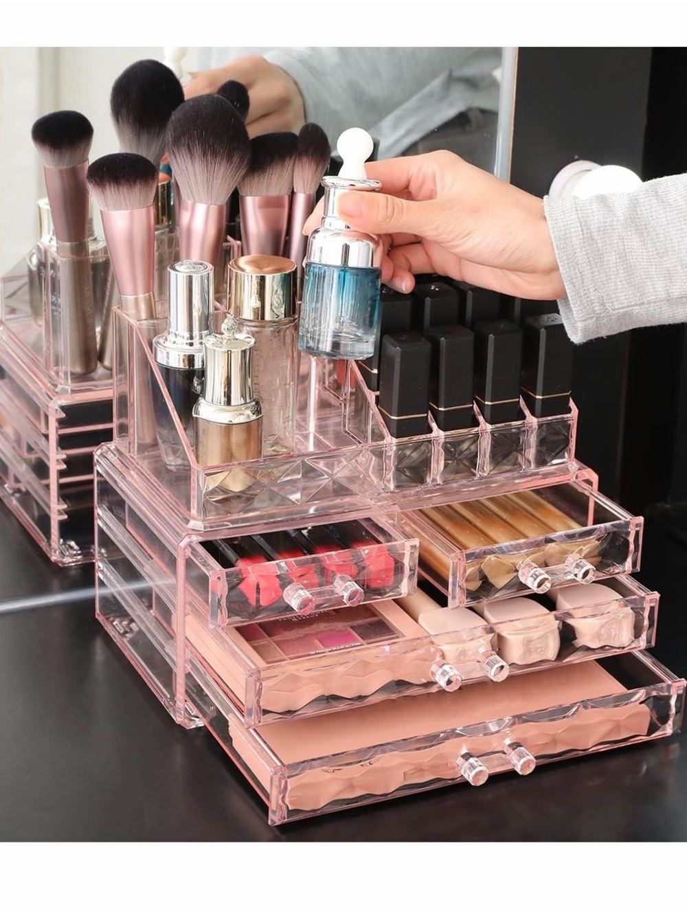 Clear Pink Acrylic Makeup Organizer with Drawers